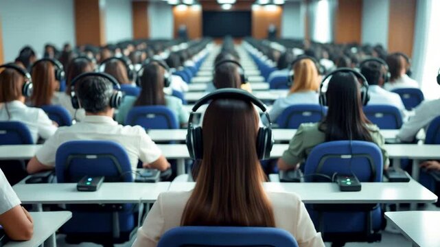 Students Attending Language Lab in Modern Classroom Rear View