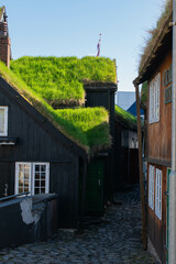 Wooden houses with grass on roof in T&oacute;rshavn the capital of Faroe Islands. 
