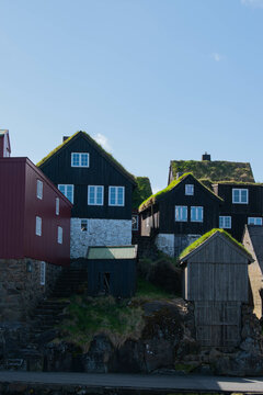 Wooden houses with grass on roof in T&oacute;rshavn the capital of Faroe Islands. 
