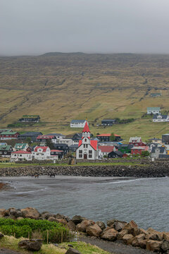 Sandav&aacute;gur church on Vagar island in Faroe islands.