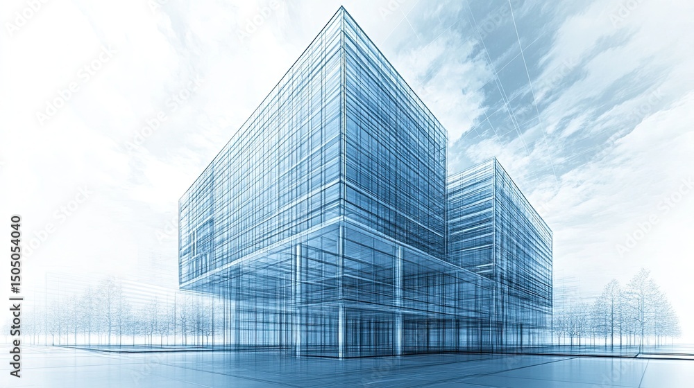Poster a blueprint style rendering of a modern glass building against a cloudy sky background view