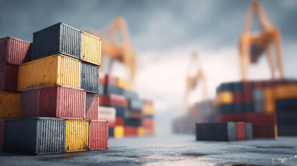 Stacked shipping containers in port representing global logistics and international trade, supply chain management and import export business concepts.