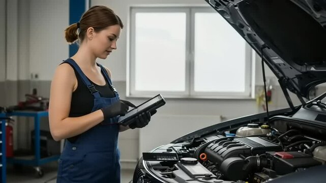 Female mechanic using a tablet to diagnose a car engine.