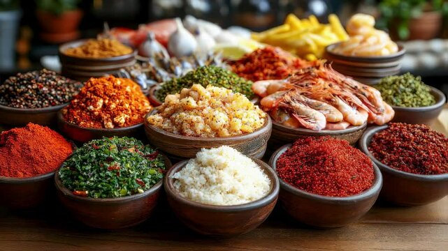Vibrant Assortment of Spices, Herbs, and Seafood Ingredients