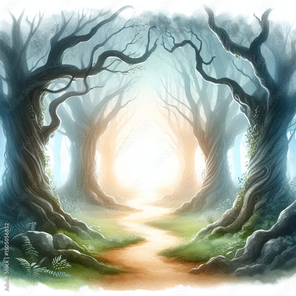 Poster minimalist watercolor illustration of enchanted forest pathway with mysterious light and ancient tre