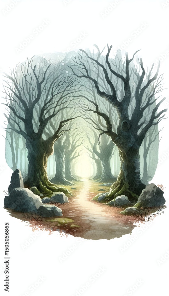Poster minimalist watercolor illustration of enchanted forest pathway with mysterious light and ancient tre