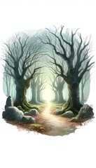 Obraz premium Minimalist watercolor illustration of Enchanted Forest Pathway with Mysterious Light and Ancient Trees