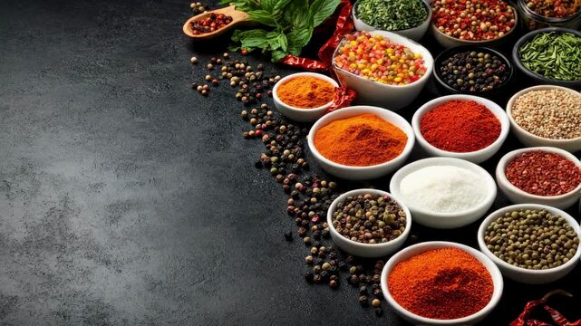 Aromatic Spices and Herbs Assortment on Dark Background
