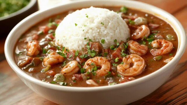 Delicious Shrimp Gumbo with Rice in a Bowl