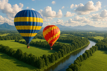 Obraz premium Colorful hot air balloons over a picturesque green plain and a river