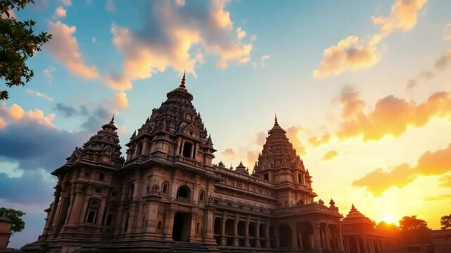 Majestic hindu temple silhouetted against a vibrant sunset sky at dusk