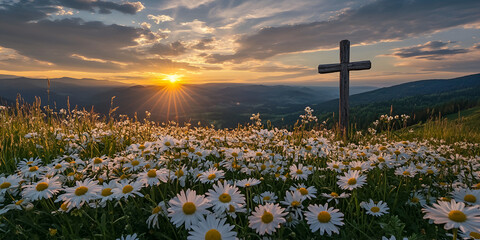 Sunrise over Wooden Cross on Hill Surrounded by Misty Trees and Warm Light