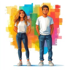 Obraz premium Vibrant LGBTQ+ Couple Illustrations Against Colorful Background Featuring Confidence and Unity
