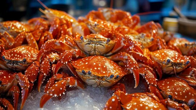 Fresh Red Crabs on Ice at Seafood Market