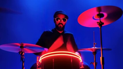 Dynamic drummer illuminated by vibrant blue and red lights, showcasing rhythm and energy - Powered by Adobe