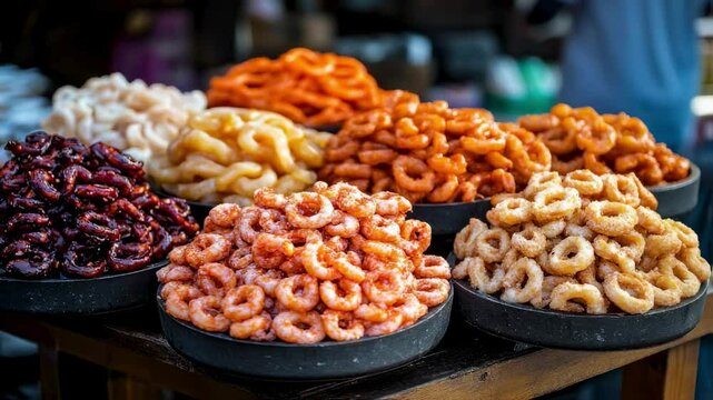Colorful Assorted Sweet Treats at a Market Stall
