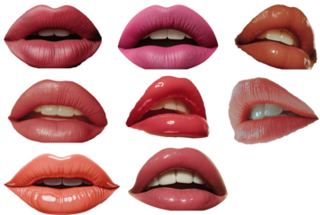 Lips patches collection. Vector illustration of sexy doodle woman's lips expressing different emotions, such as smile, kiss, half-open mouth, biting lip, lip licking, tongue out. Isolated on pnj