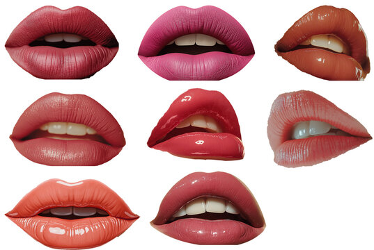 Lips patches collection. Vector illustration of sexy doodle woman's lips expressing different emotions, such as smile, kiss, half-open mouth, biting lip, lip licking, tongue out. Isolated on pnj