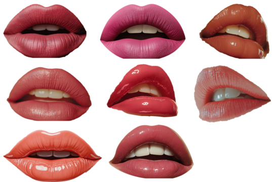 Lips patches collection. Vector illustration of sexy doodle woman's lips expressing different emotions, such as smile, kiss, half-open mouth, biting lip, lip licking, tongue out. Isolated on pnj