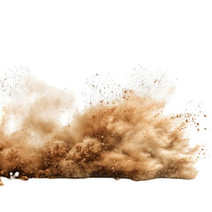 A massive plume of tan dust billows across a dark background, resembling a wave or explosion, with fine particles dispersed throughout