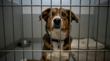 A mixed-breed dog sits in a kennel at an animal shelter. The dog has a brown and white coat, with a friendly expression. It is waiting for adoption on National Mutt Day. - Powered by Adobe