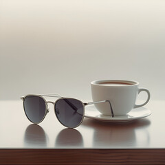 A minimalist workspace with sunglasses and a coffee cup.