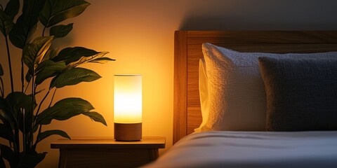 Minimal smart bedside lamp with warm LED on white background