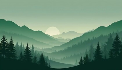 Obraz premium Serene mountain landscape with soft, calming greens under a muted sun in a stylized vector style.
