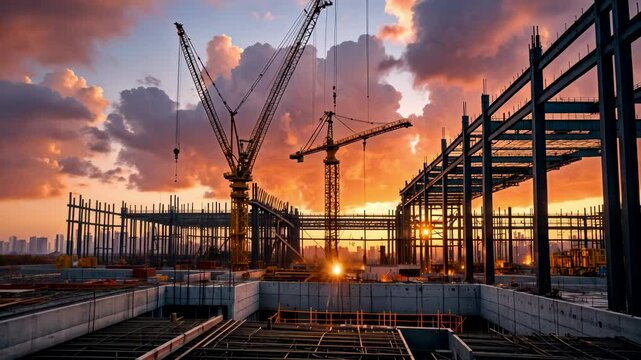 Steel Framework of Building Under Construction at Sunset with Cranes