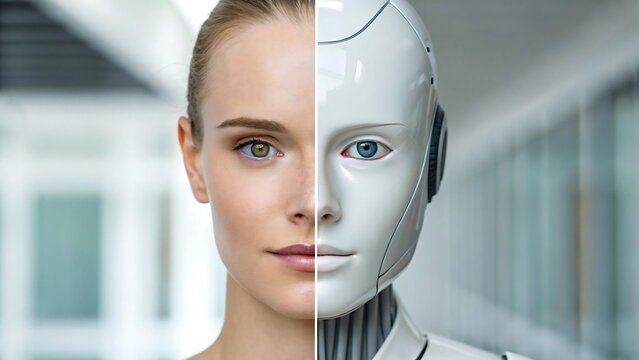 Woman and Robot Face Fusion Artificial Intelligence Technology Future Humanoid