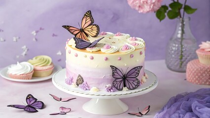 cake with cream and chocolate with butterflies