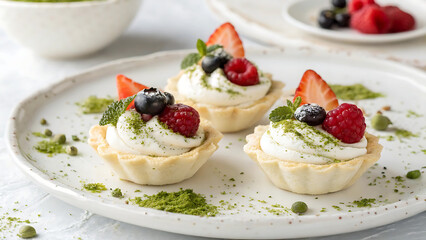 Cream cheesecake with berries and fruits on a plate