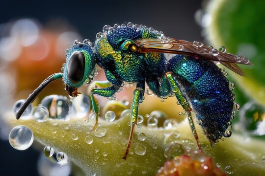 Ultra-Realistic Macro of Rare Jewel Wasp with Dew Drops