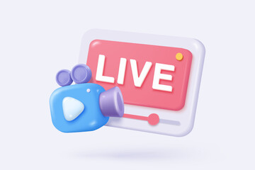3D live stream icon on social media browser, emotion in cinema frame. Social media playing video promote the idea of passive revenue generation. 3D live entertainment icon vector render illustration