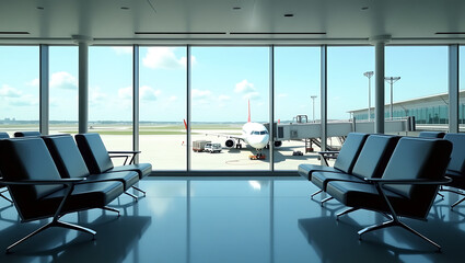 Airport Departure Lounge Waiting for Flight, Airplane in View