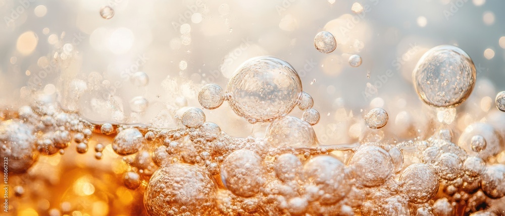 Poster bubbles floating in amber liquid. close up view of refreshing craft beverages. sparkling golden flui