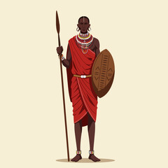 Standing African Warrior Holding Spear and Shield with Traditional Clothing