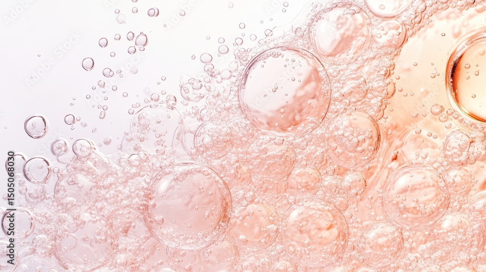 Poster pale pink liquid surface with bubbles forming for craft beverages concept. fizzy texture with rounde