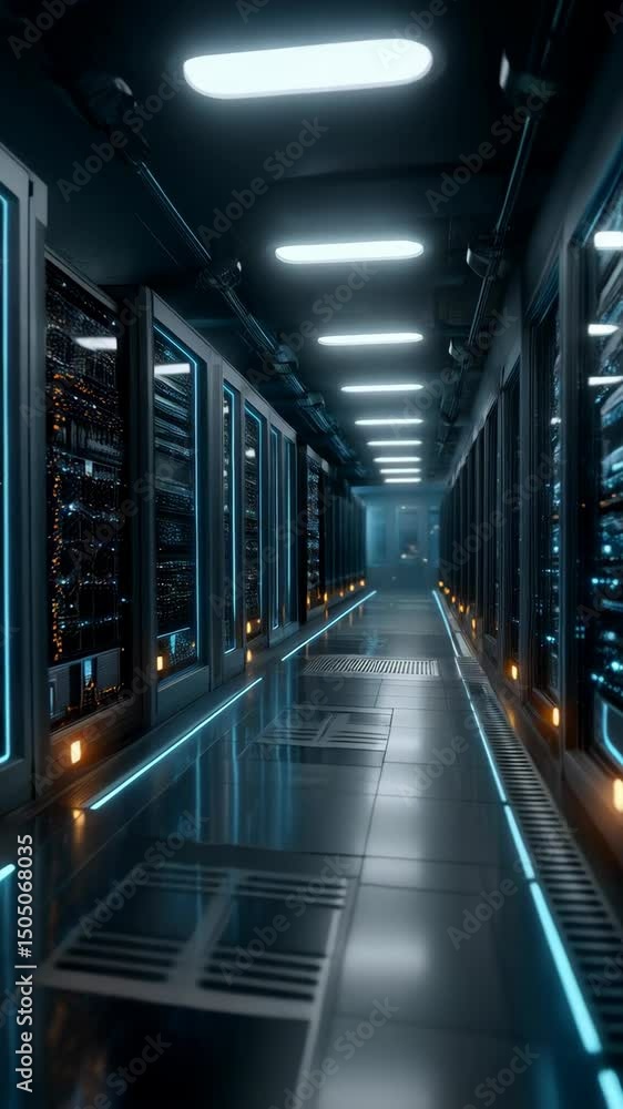 Poster futuristic server room with multiple data center racks and reflective flooring, illuminated by cool 