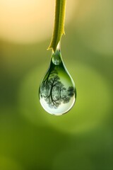 Microcosm of Nature: Pristine Water Droplet on Fresh Green Leaf, Reflecting Tree Branches in Crystal Clear Detail, Macro Photography of Liquid Purity

