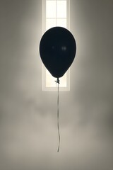 Obraz premium Black Balloon Floating in Front of Bright Window, Minimalist Photography, Symbolic Art, Contrast and Light Play, Surreal Interior Decor, Modern Aesthetic, Solitary Object in Space, Unique Composition
