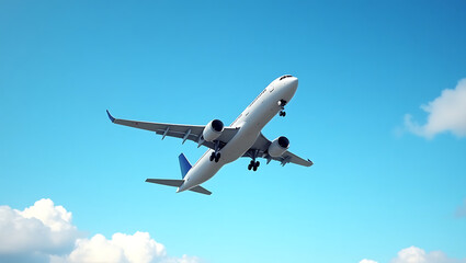 Fototapeta premium Majestic Airplane Soaring Through Azure Skies A Breathtaking Aerial View