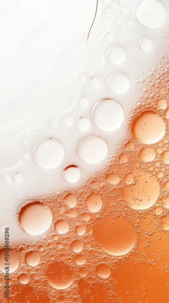Poster orange liquid surface. clear bubbles floating. abstract beverage foam. refreshing drink texture. lig
