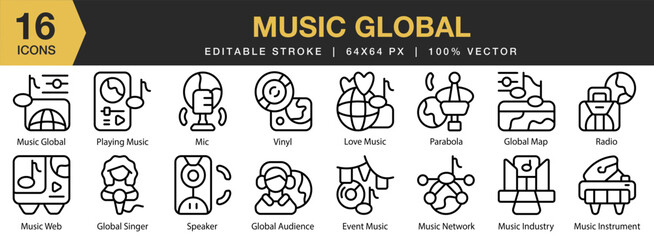 Music Global icon set. Editable Stroke Icon Collection. Includes music, global, network, design, digital, sound, and More. Outline icons vector collection.