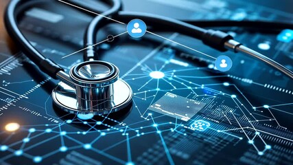 Stethoscope rests on digital display with circuitry lines and glowing nodes in cool blues, medical technology concept - Powered by Adobe