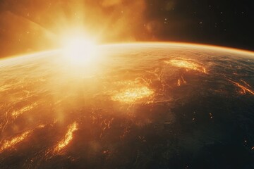 Obraz premium Sunrise over a fiery Earth from space