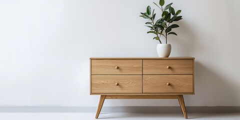 Narrow hallway cabinet with drawers on white background