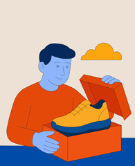 A man unveils a brand new shoe from a stylish box, highlighting a moment of excitement and anticipation. Focus is on a fashionable yellow shoe as he gently lifts the lid.