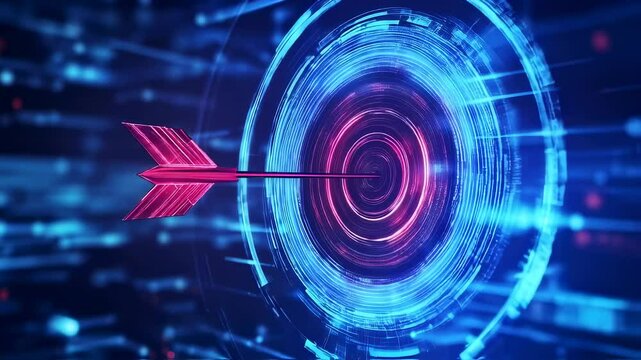 Arrow hits target center in digital futuristic environment animation loop