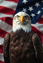 A bald eagle stands in front of the American flag. The eagle is looking directly at the camera. Concept of patriotism and pride in the United States